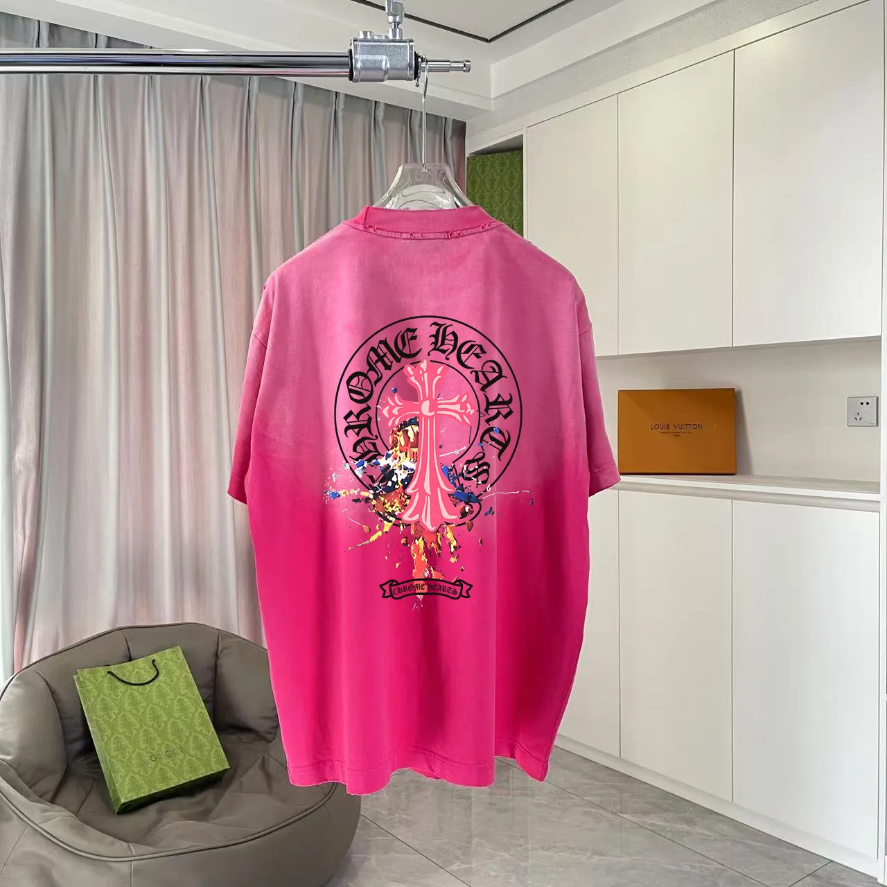 🅿️190 ch Crow* 2025 summer new style, washed, distressed, spray-painted, Sanskrit cross print, short-sleeved T-shirt, customized fabric 320g, same style for men and women, size: S M L XL XXL five sizes, color: black, white, gradient black, gradient red